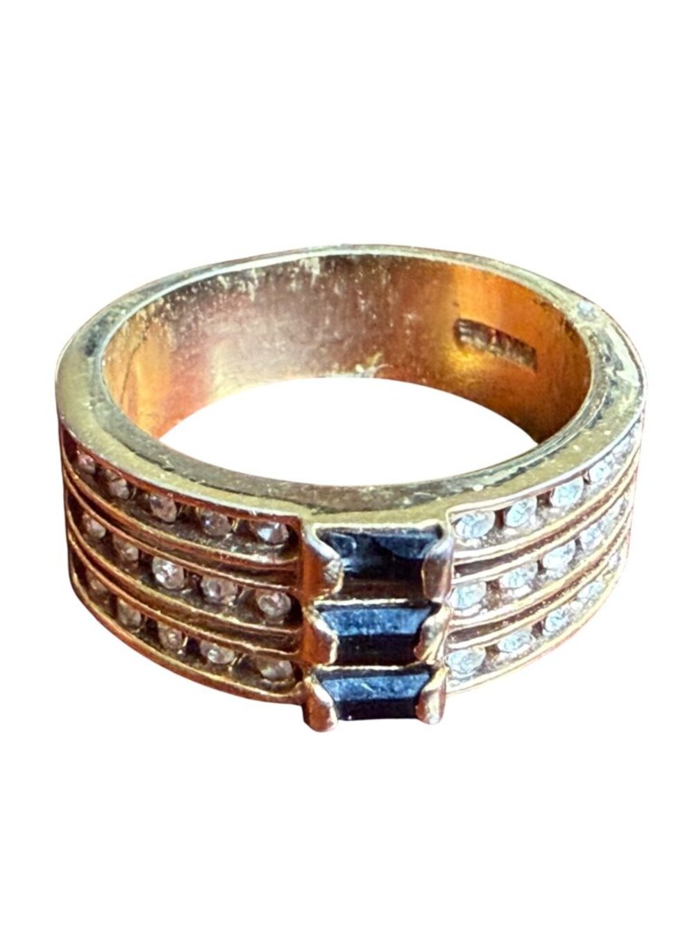 18K Gold Electroplated Ring Black & Clear Stones Triple Row Design